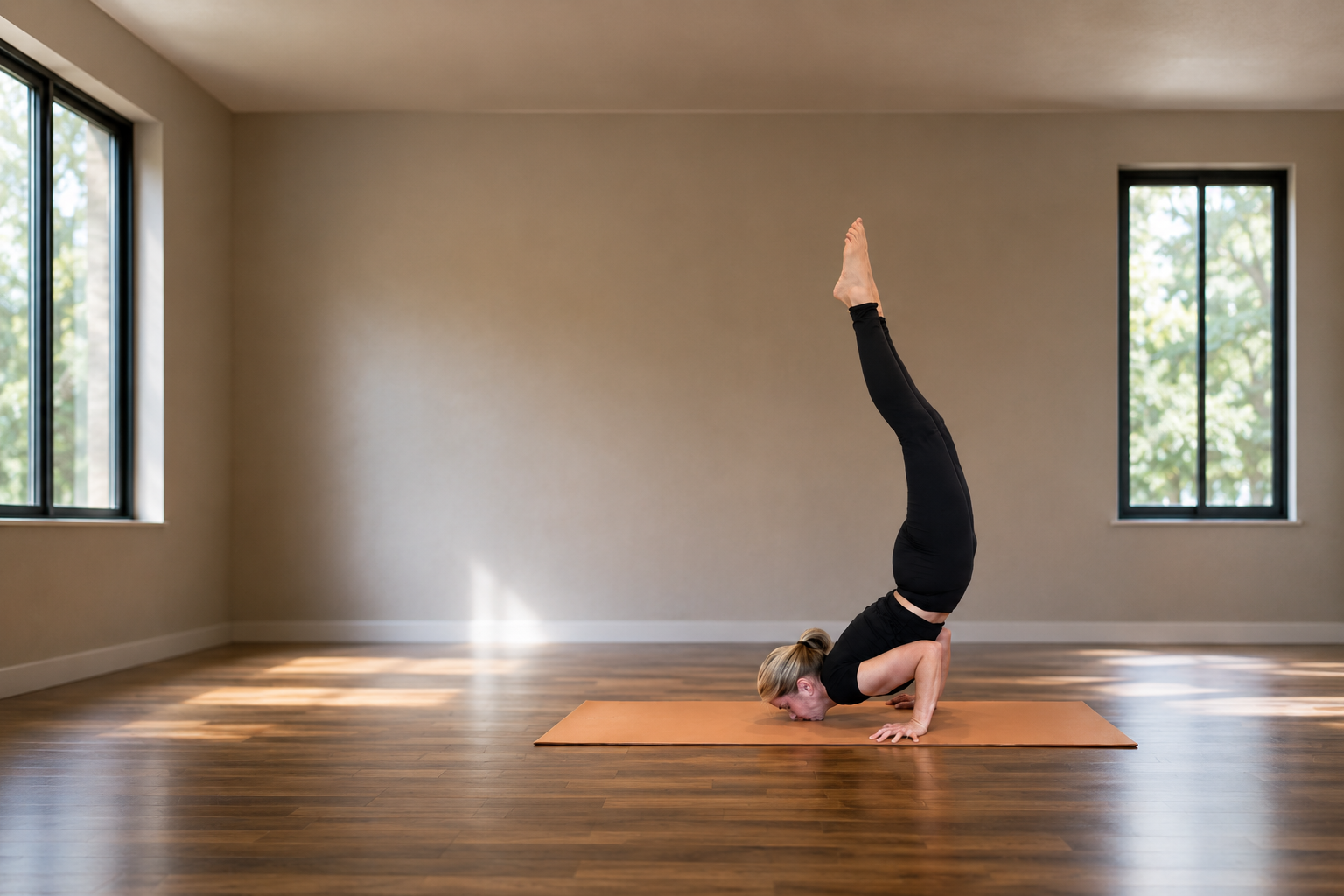 Shawna Morrissey performing a chin stand in a bright, minimalist yoga studio