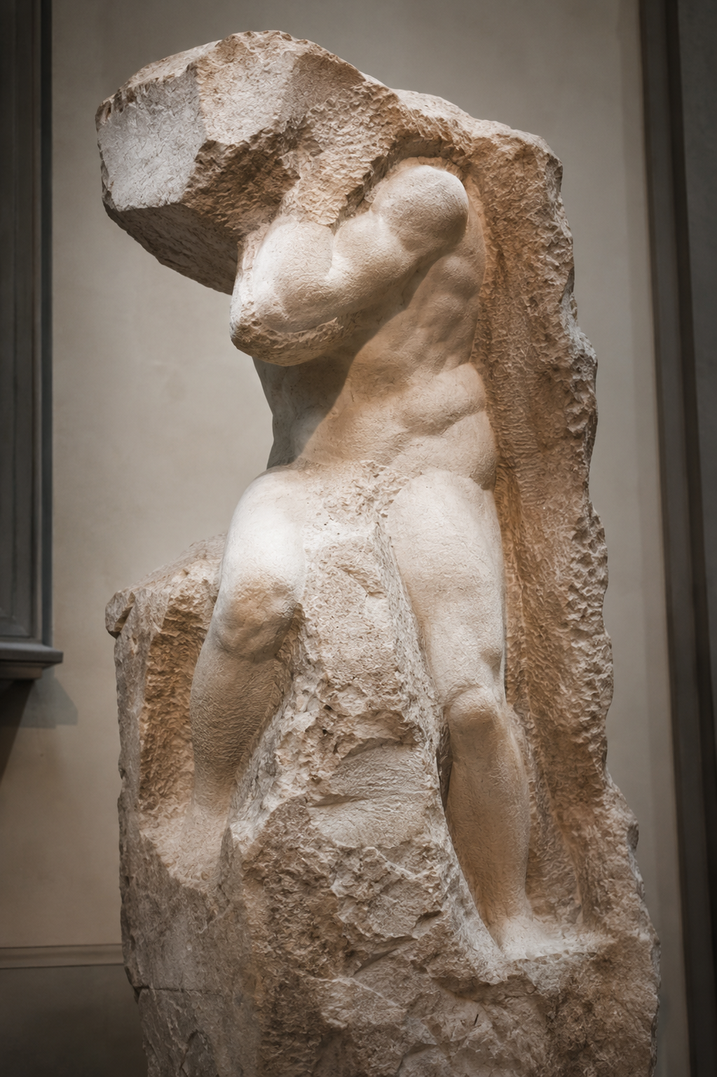 One of Michelangelo's unfinished Prisoners — a figure emerging from rough marble in the Accademia