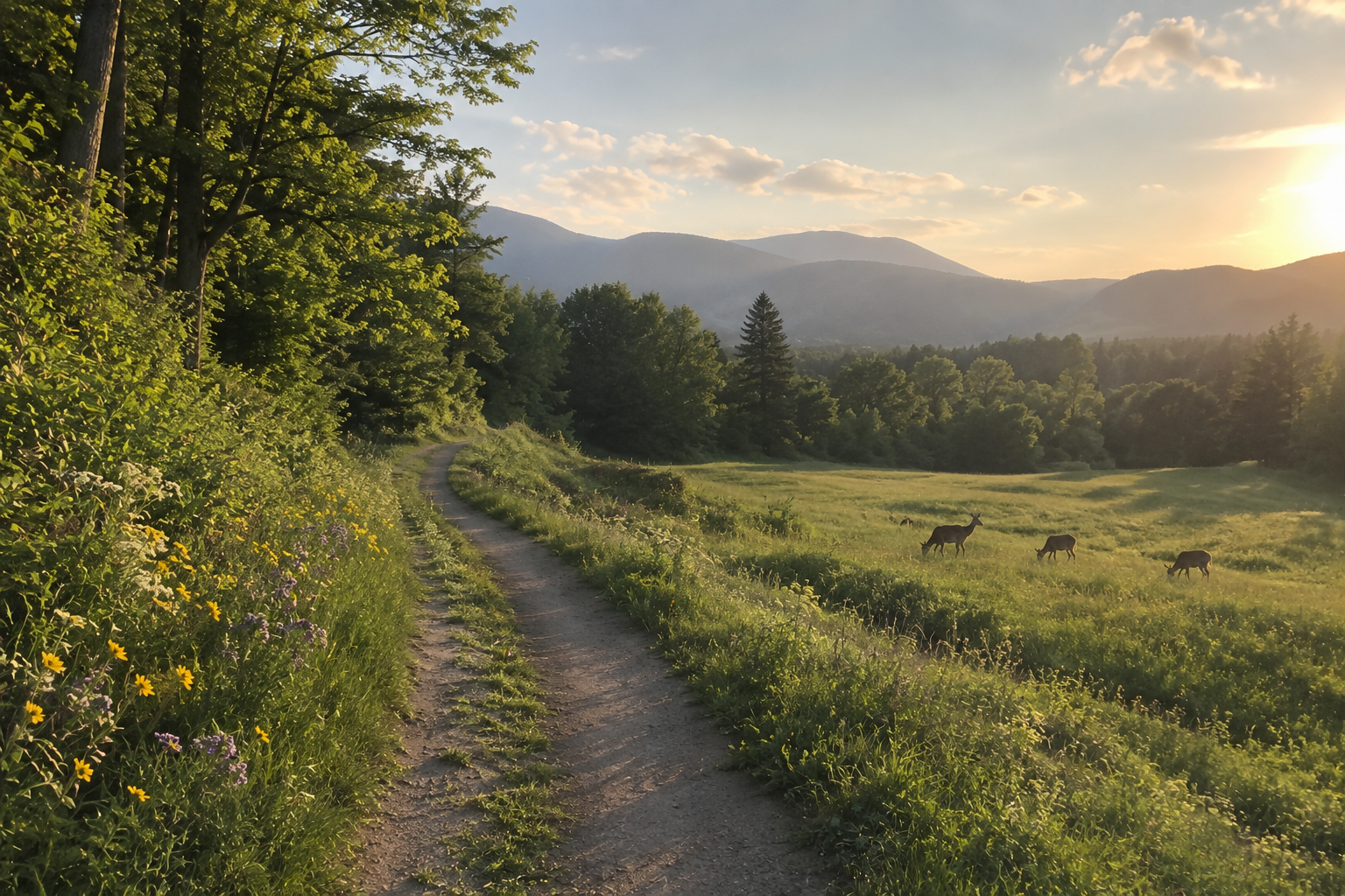 A winding trail through a green mountain valley at golden hour, with deer grazing in the meadow