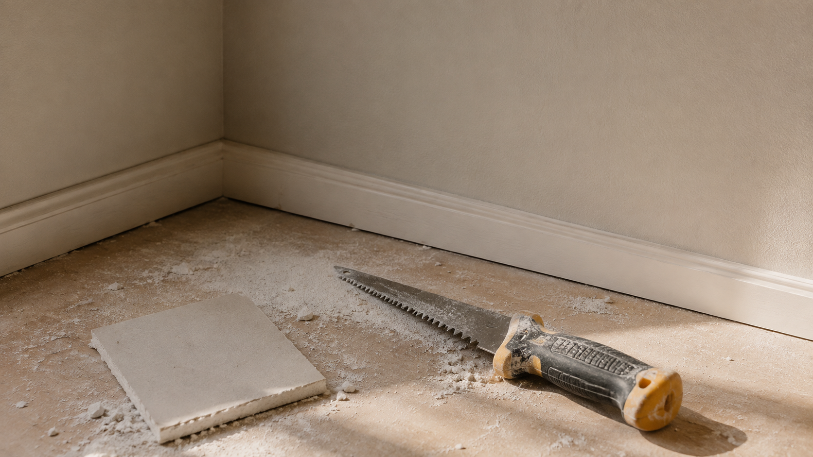 A drywall square and hand saw resting on a dusty floor during a home repair
