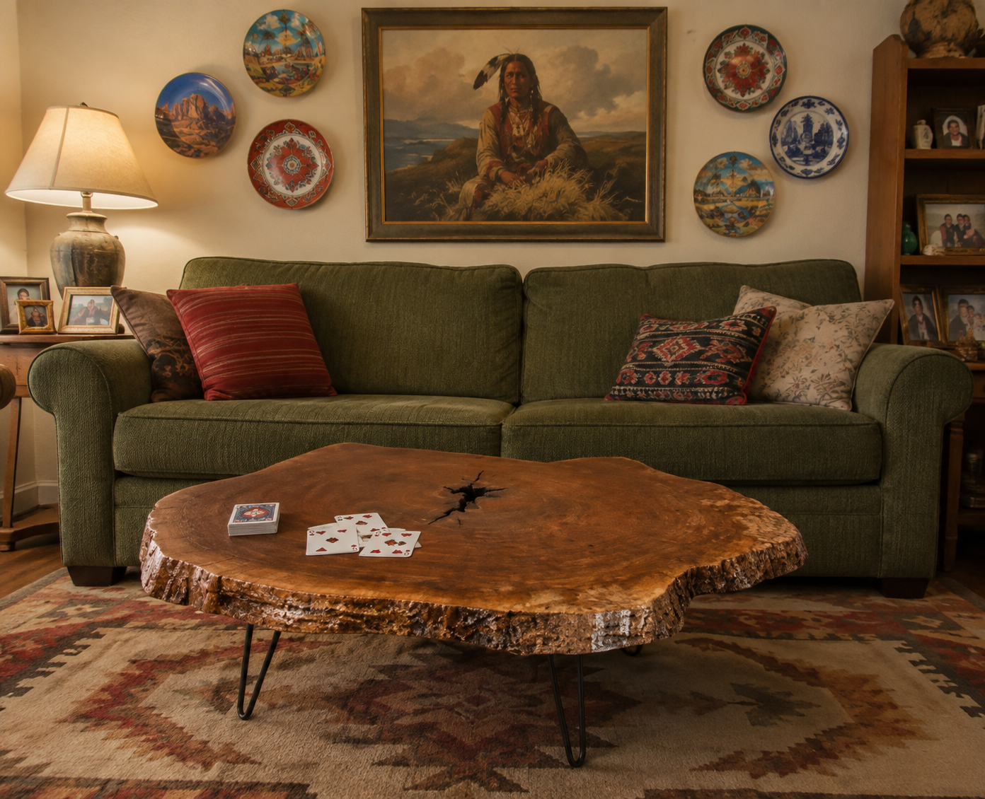 Comfortably cluttered living room with a green couch, decorative plates, a tree-slice coffee table, and playing cards.