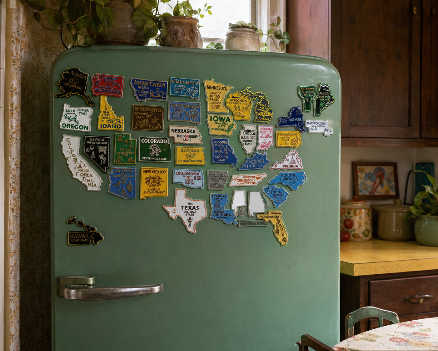 Vintage green refrigerator covered with colorful state-shaped travel magnets.