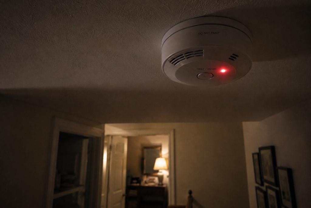 Smoke detector with red indicator light glowing on a dark ceiling