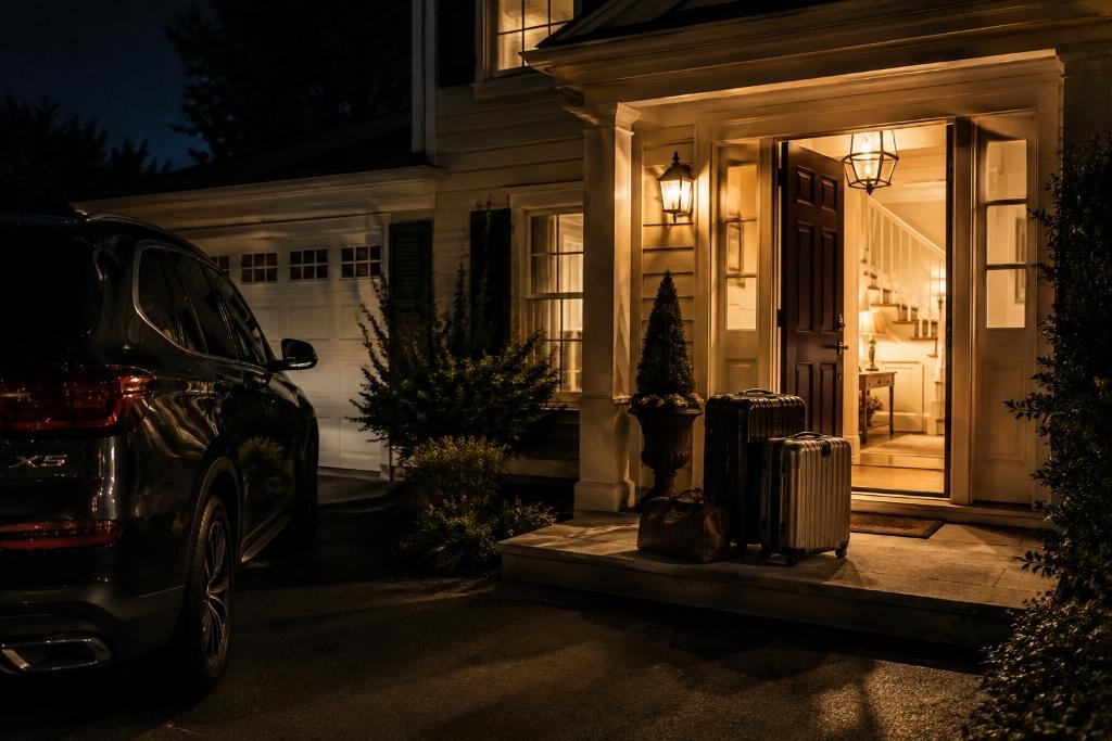 Warmly lit house at night with suitcases at the front door