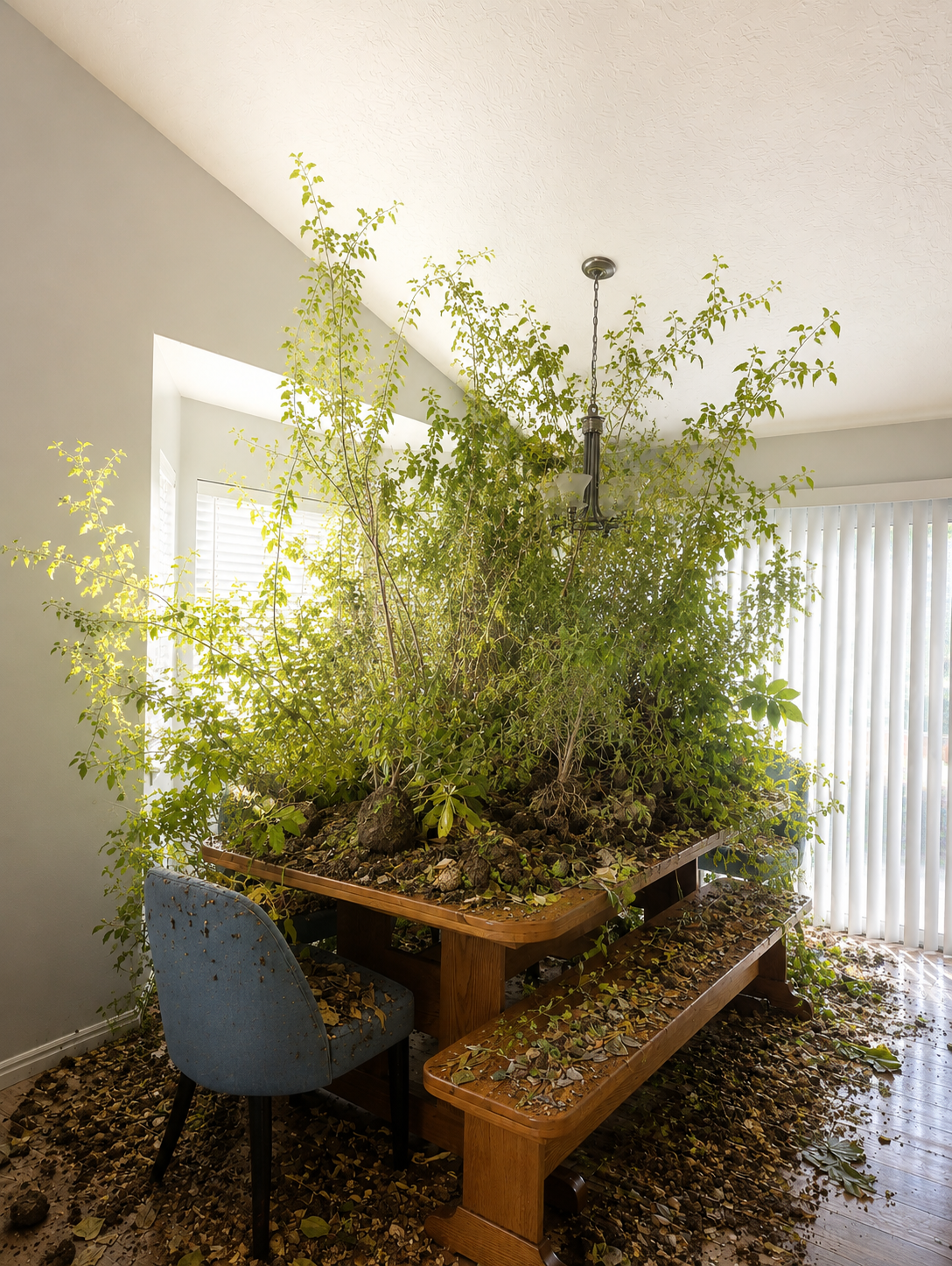 A wooden dining table and bench completely covered with uprooted bushes, roots, and soil — filling the room nearly to the ceiling.